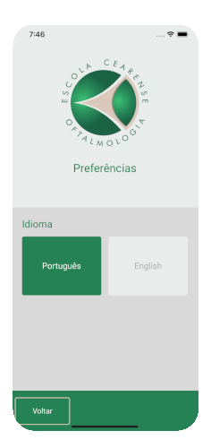 Imagem da tela de preferências do aplicativo TopEye composta pelo logotipo da Escola Cearense de Oftalmologia, o título preferências, o subtítulo idioma e dois botões para escolha, um com o nome Português e outro English