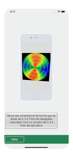 Imagem da tela do aplicativo TopEye contendo o desenho de um smartphone contendo o desenho de um circulo com cores que parecem indicar temperatura de uma superfície. Sobre essas cores existe o contorno de 3 círculos gradativamente menores alinhados ao centro